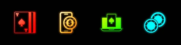 Zestaw Talii Kart Gry Gry Pokera Online Ikona Żetonów Kasyna — Wektor stockowy