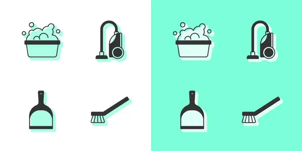 Set Brush Cleaning Basin Soap Suds Dustpan Vacuum Cleaner Icon — Stock Vector