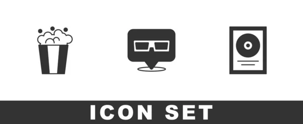 Set Popcorn Karton Kinobrille Und Disk Preisrahmensymbol Vektor — Stockvektor