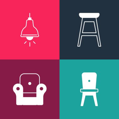 Pop sanat sandalyesini, Armchair 'ı ve lamba asılı ikonunu ayarla. Vektör