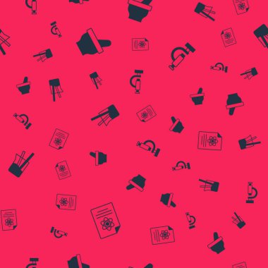 Kimya raporunu, havan topunu, laboratuvar cam takımını ve mikroskobu kusursuz desen üzerine ayarla. Vektör