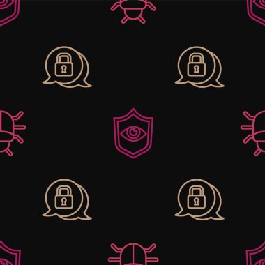 Hatlar arası hata, siber güvenlik, kalkan ve gözü kusursuz desene ayarlayın. Vektör