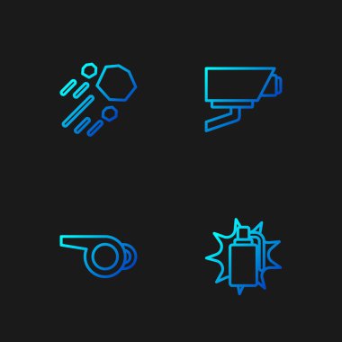 El bombası, düdük, Uçan Taş ve güvenlik kamerası ayarlayın. Renk simgeleri. Vektör