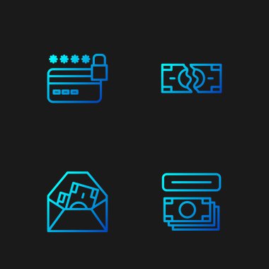 ATM ve para, dolar sembollü zarf, kredi kartı kilidi ve yırtık banknot. Renk simgeleri. Vektör