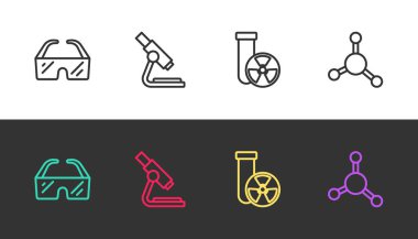 Güvenlik gözlüğü, mikroskop, test tüpü radyasyonu ve Molekül 'ü siyah ve beyaza ayarlayın. Vektör
