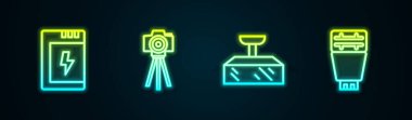 Kamera, fotoğraf makinesi, Softbox ışığı ve flaş için batarya ayarlayın. Parlayan neon ikonu. Vektör