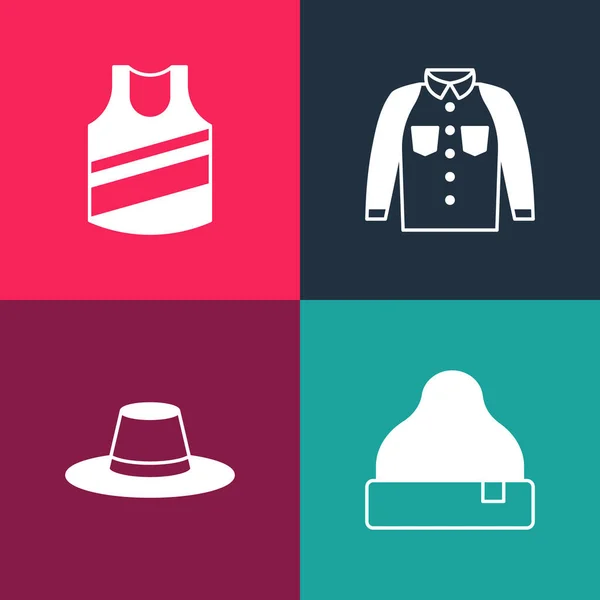 设置流行艺术贝尼帽子 衬衫和内衣图标 — 图库矢量图片