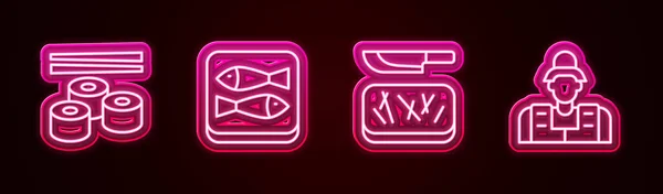 设置线Sushi 罐头鱼 切菜板 刀和渔夫 发光的霓虹灯图标 — 图库矢量图片
