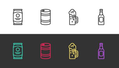 Çizgili bira kutusu, metal bira fıçısı, tahta bardak ve siyah beyaz şişe. Vektör