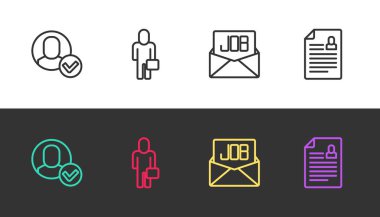 İşçi İş Adamı Arama işini ayarla ve siyah-beyaz üzerinde çalışmaya devam et. Vektör.