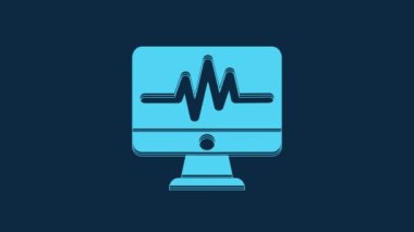 Blue Computer monitor with cardiogram icon isolated on blue background. Monitoring icon. ECG monitor with heart beat hand drawn. 4K Video motion graphic animation.