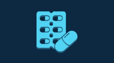 Blue Pills in blister pack icon isolated on blue background. Medical drug package for tablet, vitamin, antibiotic, aspirin. 4K Video motion graphic animation.