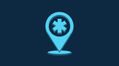 Blue Medical map pointer with cross hospital icon isolated on blue background. 4K Video motion graphic animation.