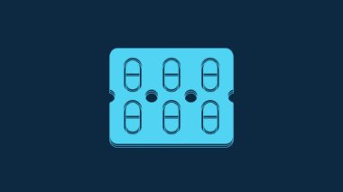 Blue Pills in blister pack icon isolated on blue background. Medical drug package for tablet, vitamin, antibiotic, aspirin. 4K Video motion graphic animation.