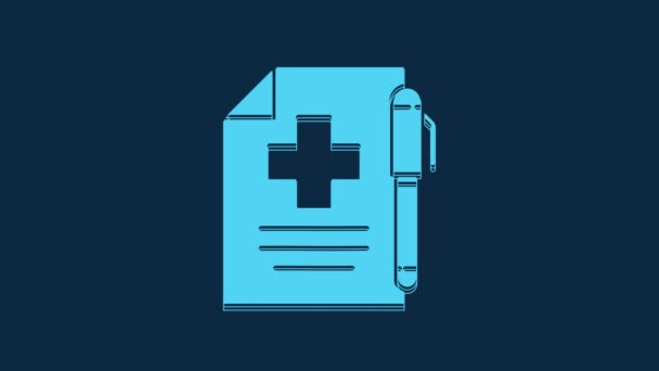 青い背景に隔離された青い医療用処方箋とペンのアイコン レシピ医療だ 薬局や薬のシンボル 4Kビデオモーショングラフィックアニメーション — ストック動画