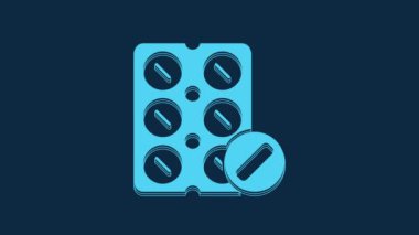 Blue Pills in blister pack icon isolated on blue background. Medical drug package for tablet, vitamin, antibiotic, aspirin. 4K Video motion graphic animation.