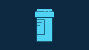Blue Medicine bottle icon isolated on blue background. Bottle pill sign. Pharmacy design. 4K Video motion graphic animation.