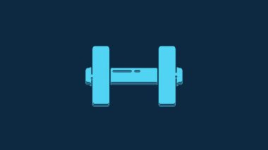 Blue Dumbbell icon isolated on blue background. Muscle lifting icon, fitness barbell, gym, sports equipment, exercise bumbbell. 4K Video motion graphic animation.