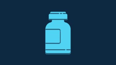 Blue Sports nutrition bodybuilding proteine power drink and food icon isolated on blue background. 4K Video motion graphic animation.
