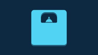 Blue Bathroom scales icon isolated on blue background. Weight measure Equipment. Weight Scale fitness sport concept. 4K Video motion graphic animation.