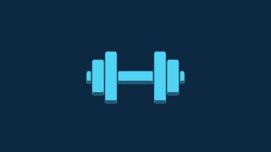 Blue Dumbbell icon isolated on blue background. Muscle lifting icon, fitness barbell, gym, sports equipment, exercise bumbbell. 4K Video motion graphic animation.