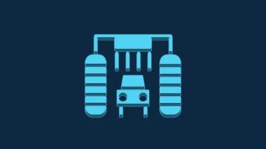 Mavi araba yıkama ikonu mavi arka planda izole edildi. Araba yıkama ve su bulutu ikonu. 4K Video hareketli grafik canlandırması.