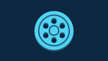Blue Alloy wheel for a car icon isolated on blue background. 4K Video motion graphic animation.