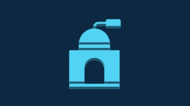 Mavi el yapımı kahve öğütücü ikonu mavi arka planda izole edilmiş. 4K Video hareketli grafik canlandırması.