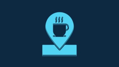 Blue Location with coffee cup icon isolated on blue background. 4K Video motion graphic animation.