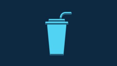 Blue Paper glass with drinking straw and water icon isolated on blue background. Soda drink glass. Fresh cold beverage symbol. 4K Video motion graphic animation.