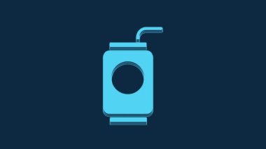 Blue Soda can with drinking straw icon isolated on blue background. 4K Video motion graphic animation.