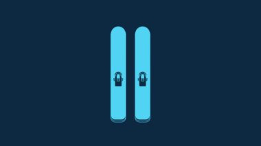 Blue Ski and sticks icon isolated on blue background. Extreme sport. Skiing equipment. Winter sports icon. 4K Video motion graphic animation.