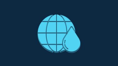 Blue Earth planet in water drop icon isolated on blue background. World globe. Saving water and world environmental protection. 4K Video motion graphic animation.