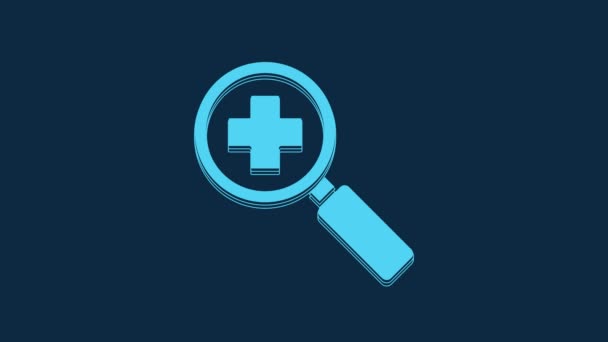 蓝色放大镜用于在蓝色背景下孤立的医学图标的搜索 医院搜查 4K视频运动图形动画 — 图库视频影像