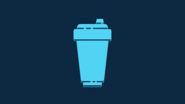 蓝色健康振动器图标隔离在蓝色背景 运动摇瓶 瓶盖用于水和蛋白质鸡尾酒 4K视频运动图形动画 — 图库视频影像