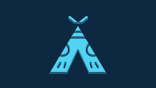 蓝色传统印地安人的尖牙或Wigwam图标孤立在蓝色背景 印度帐篷 4K视频运动图形动画 — 图库视频影像