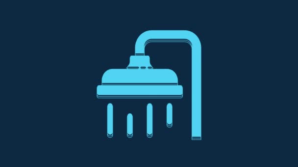 蓝色淋浴器头与水滴流动图标隔离在蓝色背景 4K视频运动图形动画 — 图库视频影像