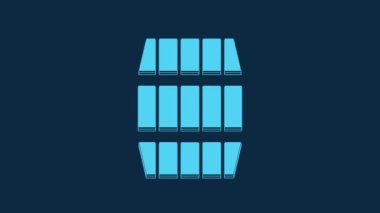 Blue Wooden barrel icon isolated on blue background. Alcohol barrel, drink container, wooden keg for beer, whiskey, wine. 4K Video motion graphic animation.
