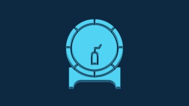 Blue Wooden barrel on rack with stopcock icon isolated on blue background. 4K Video motion graphic animation.