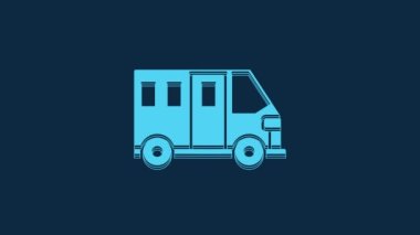 Blue School Bus icon isolated on blue background. Public transportation symbol. 4K Video motion graphic animation.