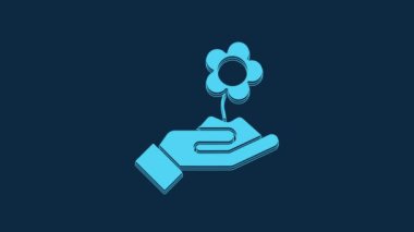 Blue Hand holding flower icon isolated on blue background. Seed and seedling. Planting sapling. Ecology concept. 4K Video motion graphic animation.