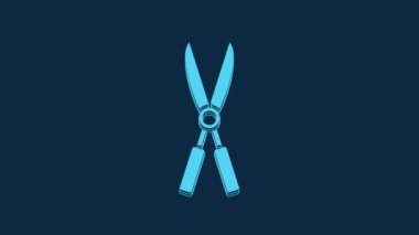 Blue Gardening handmade scissors for trimming icon isolated on blue background. Pruning shears with wooden handles. 4K Video motion graphic animation.