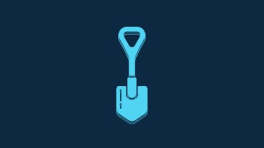 Blue Shovel icon isolated on blue background. Gardening tool. Tool for horticulture, agriculture, farming. 4K Video motion graphic animation.
