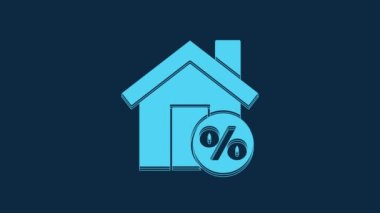 Blue House with percant discount tag icon isolated on blue background. House percentage sign price. Real estate home. 4K Video motion graphic animation.