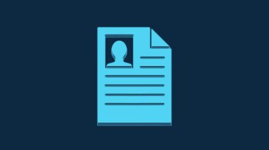 Blue Resume icon isolated on blue background. CV application. Searching professional staff. Analyzing personnel resume. 4K Video motion graphic animation.