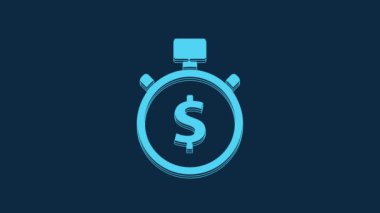 Blue Time, mavi arka planda izole edilmiş para simgesidir. Para zamandır. Etkili zaman yönetimi. Zamanı paraya çevir. Kronometre. 4K Video hareketli grafik canlandırması.