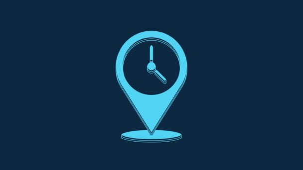 Ubicación Azul Con Icono Reloj Aislado Sobre Fondo Azul Animación — Vídeos de Stock