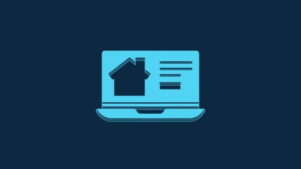Blue Online Будинок Нерухомості Іконі Ноутбука Ізольований Синьому Фоні Концепція — стокове відео
