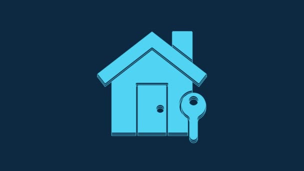 Blue House Med Nyckel Ikon Isolerad Blå Bakgrund Begreppet Nyckelfärdigt — Stockvideo