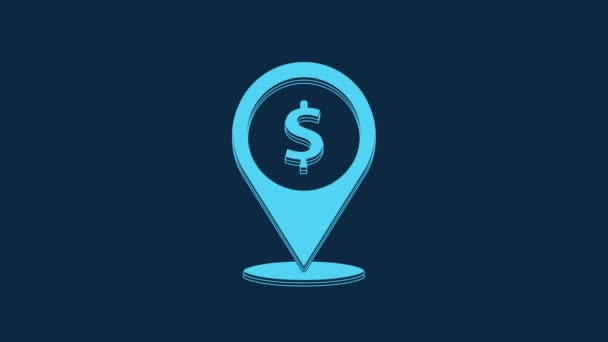 蓝色现金定位销图标孤立在蓝色背景 指针和美元符号 钱的位置商业和投资概念 4K视频运动图形动画 — 图库视频影像